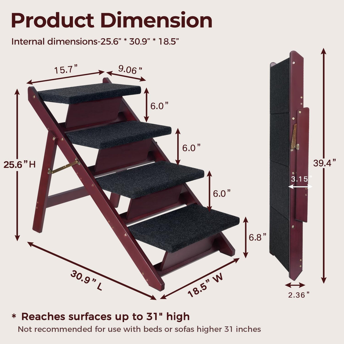 BRIKY Wooden Dog Stairs/Steps, Foldable 4 Steps – Essentials for Dogs - 30.9" L x 18.5" W x 25.6" H - 4 steps - image 2