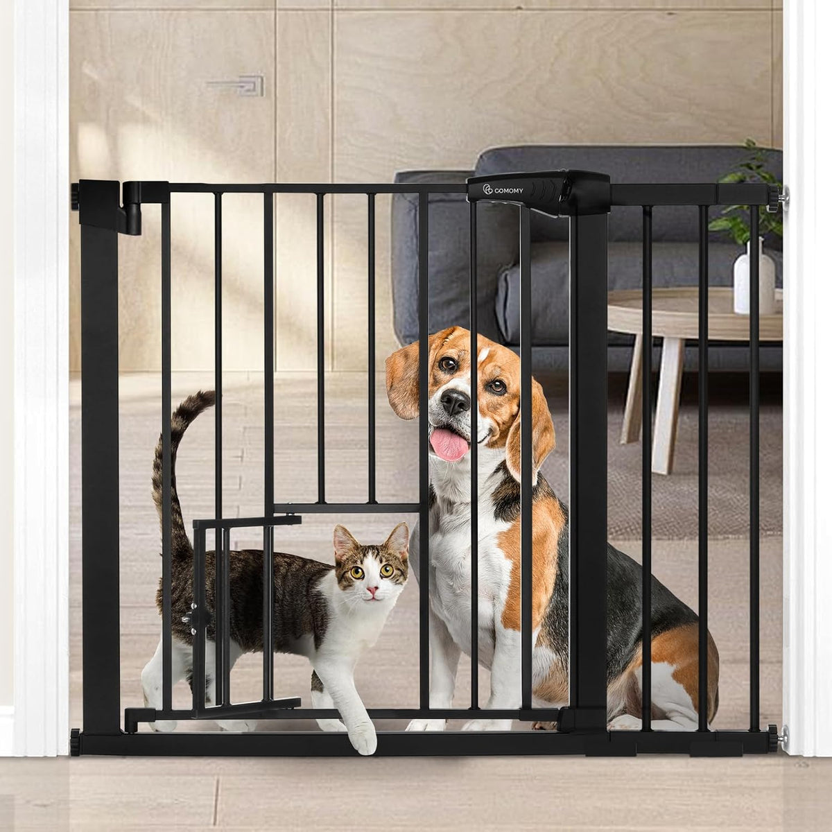 COMOMY Auto Close Pet Gate with Cat Door - Black / 30"Tall 40.5"Wide - image 2