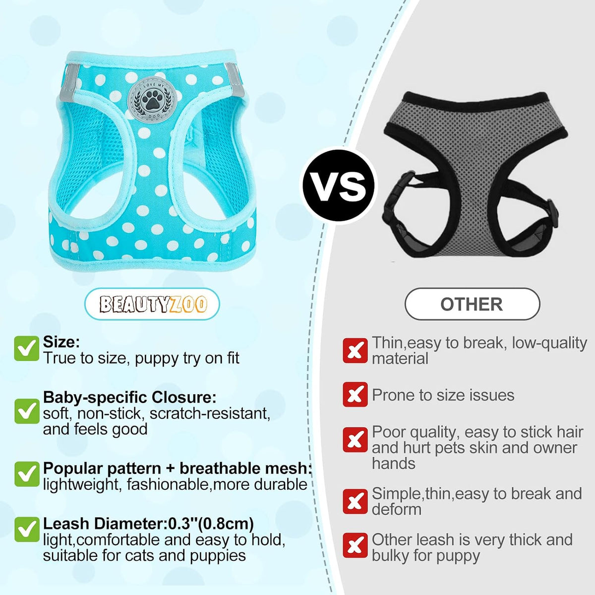 Small Dog Harness and Leash Set, No Pull Puppy Pet Vest, S - XSmall(Chest Girth 13" - 14.5") / Blue Polka Dots - image 3
