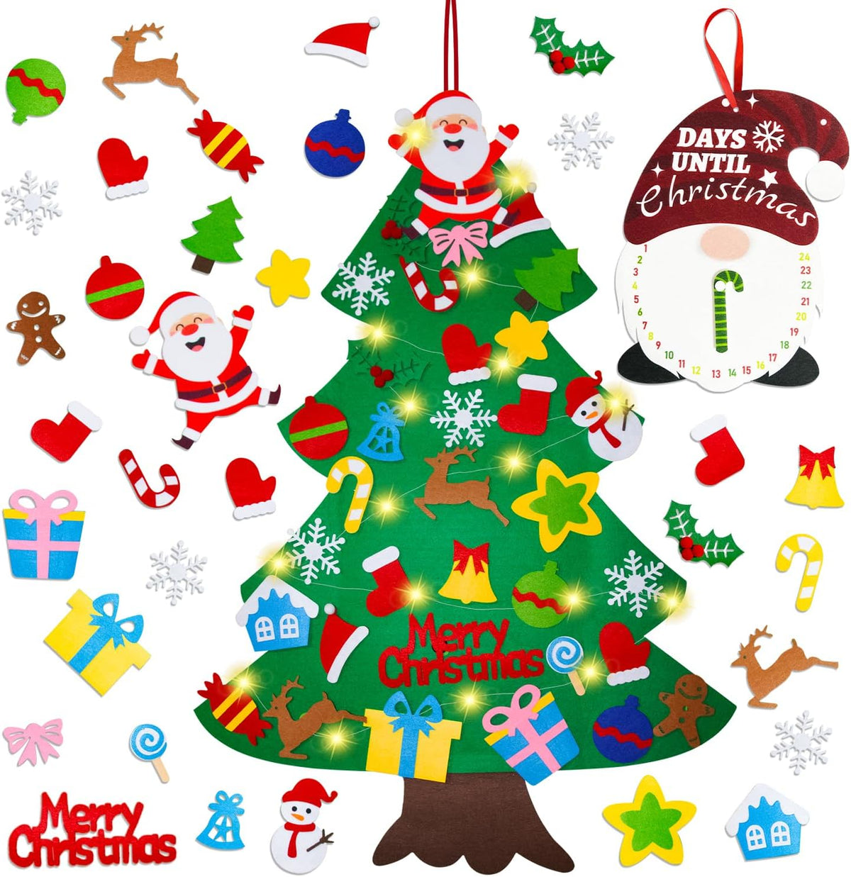 Felt Christmas Tree for Toddlers with Snowflake Light + 32 Ornament - C-gnome