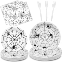 Gistome 96-piece Halloween spider web tableware set with plates, napkins and forks - view 5
