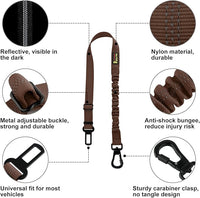 Plutus Pet Dog Seat Belt for Car, Adjustable Dog Car Harness with Carabiner Clip, Reflective Safety Dog Seatbelt Leash with Elastic Bungee, Chocolate