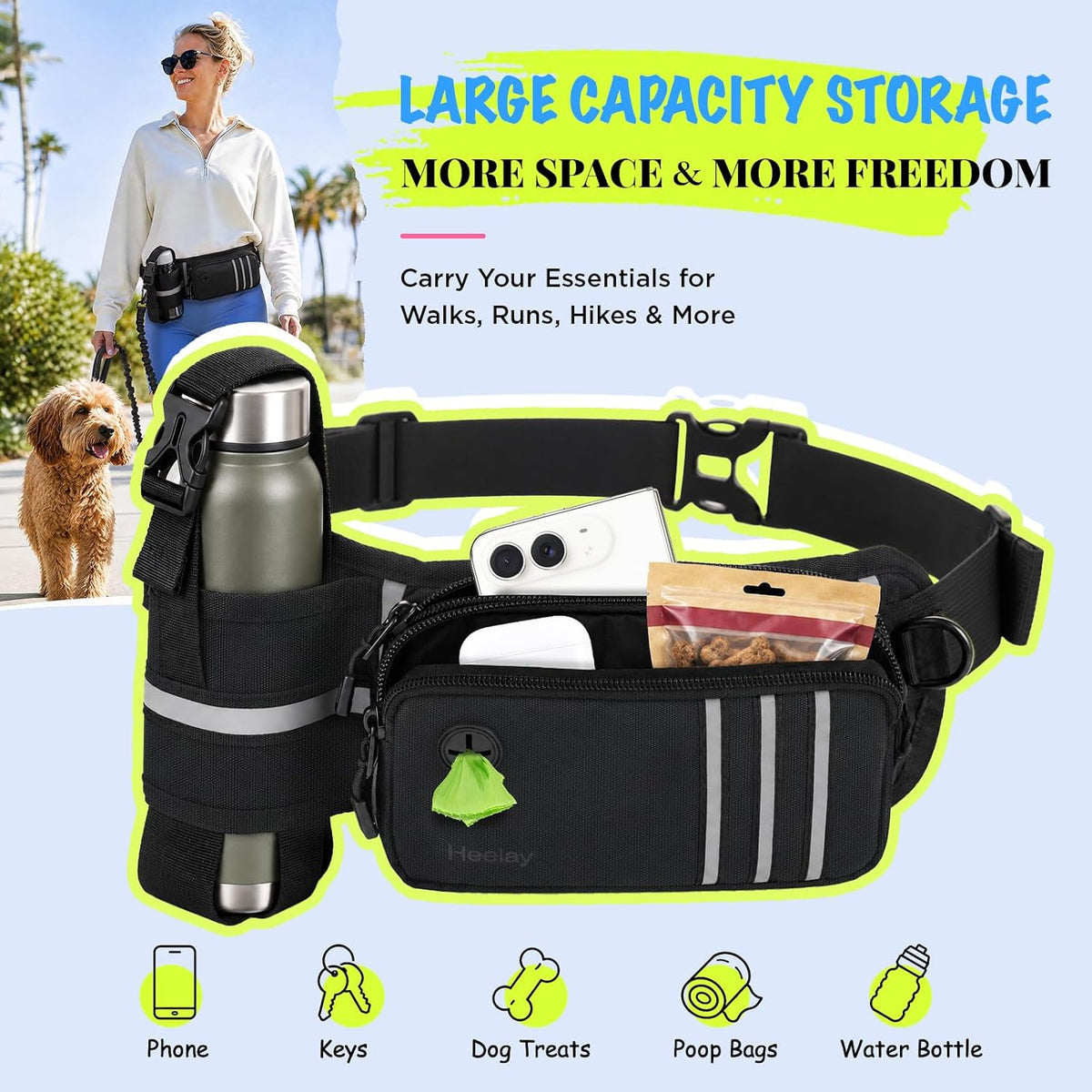 Hands free dog leash with waist belt, bungee line and storage pouch - view 2