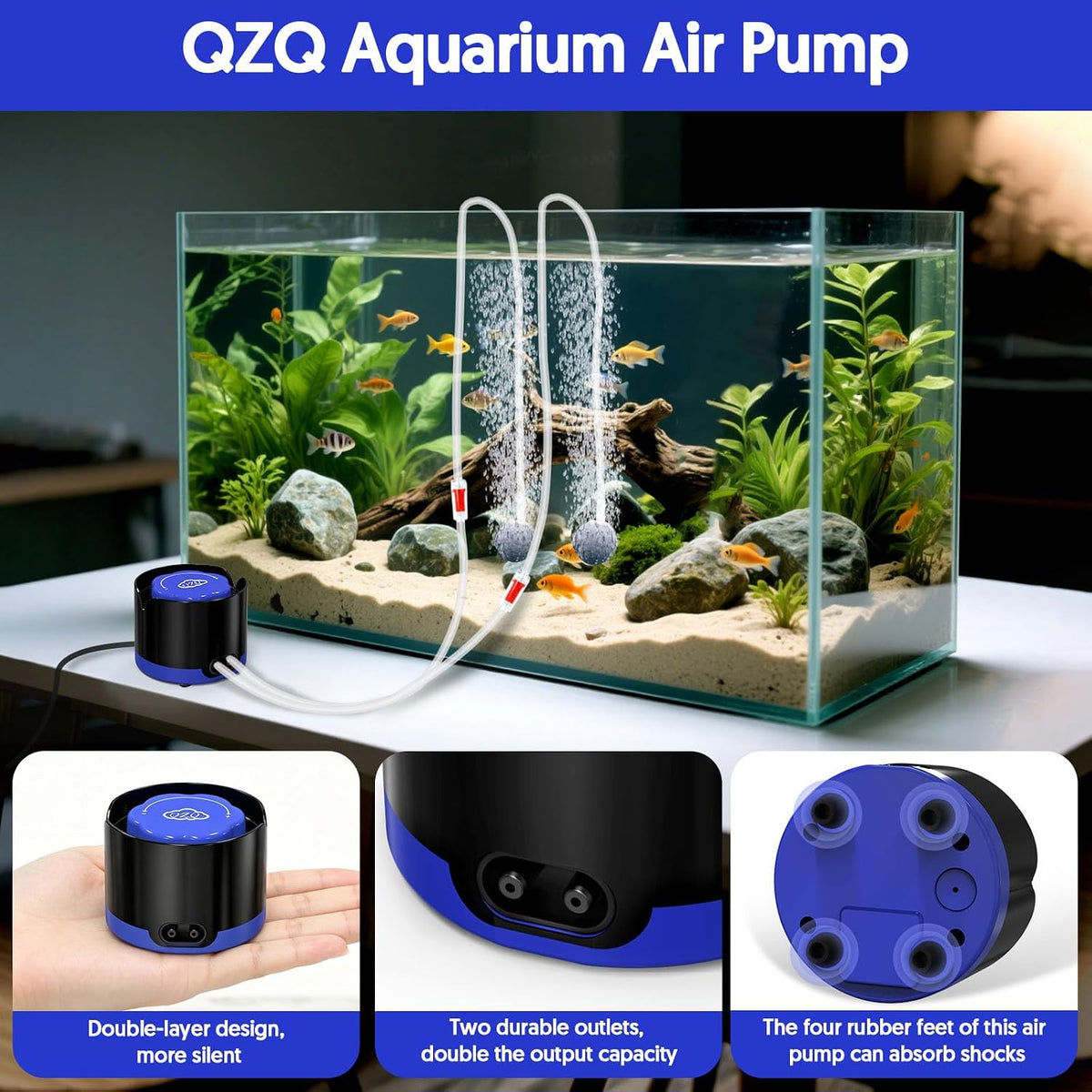 Aquarium Air Pump, Quiet Fish Tank Air Pump with Dual Outlets - 2.5W (Up to 40 Gallon) - image 2