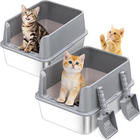 2PACK Stainless Steel Cat Litter Box with High Sides Lid - 2PK-Light Grey-M
