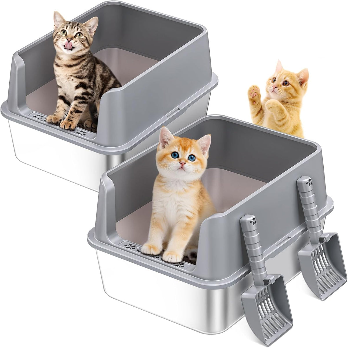 2PACK Stainless Steel Cat Litter Box with High Sides Lid - 2PK-Light Grey-M