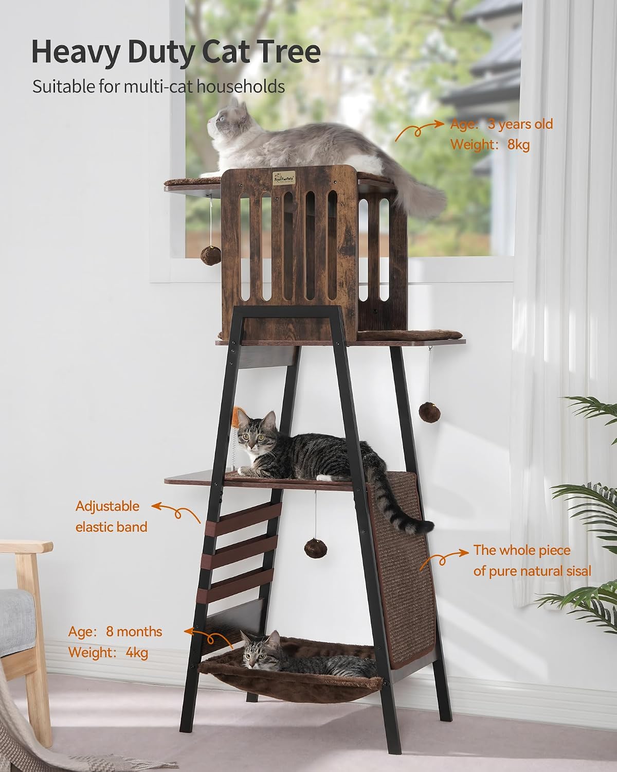 Modern Cat Tree, Big Hammock - Rustic Brown - image 2