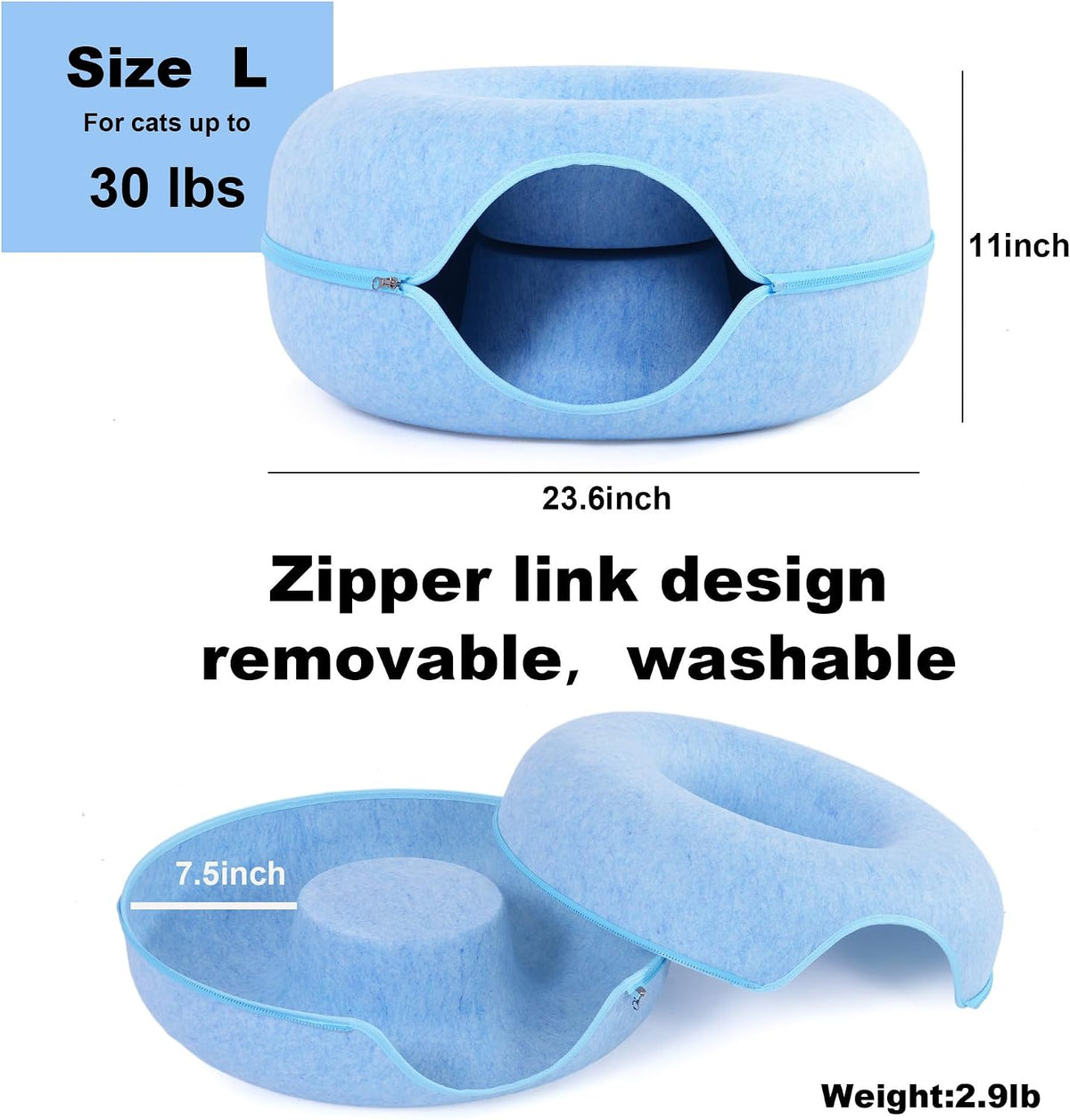 Large Cat Tunnel Bed for Indoor Cats with 3 Toys - L(24x24x11) / Blue - image 4