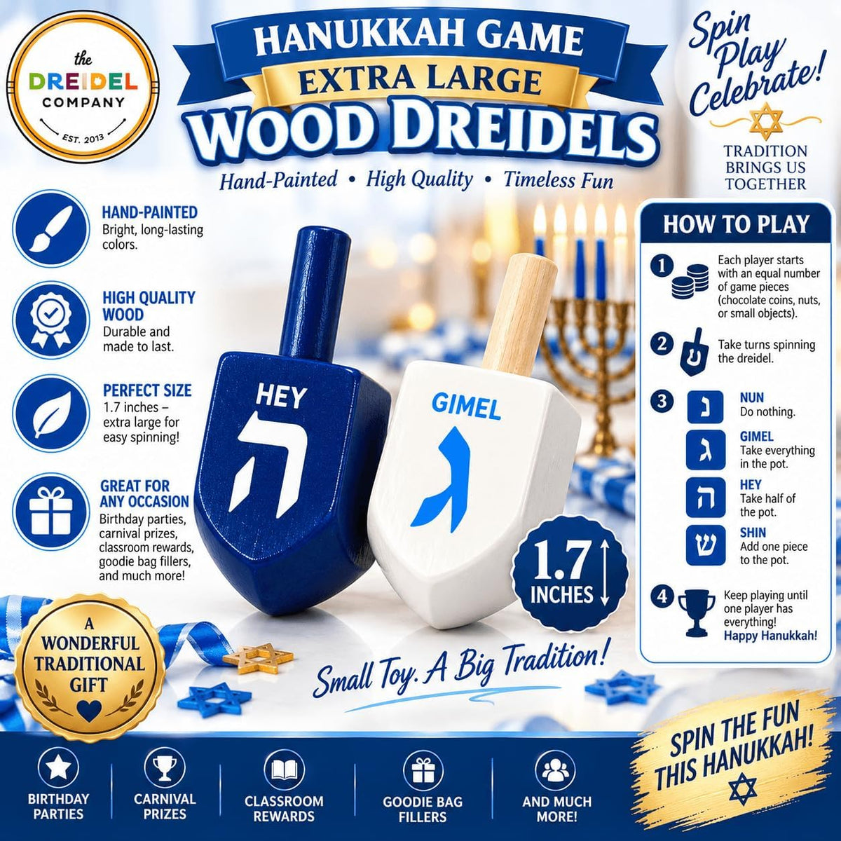 The Dreidel Company Bulk Solid Blue & White Wooden Hanukkah Dreidels - 25-Pack - image 3