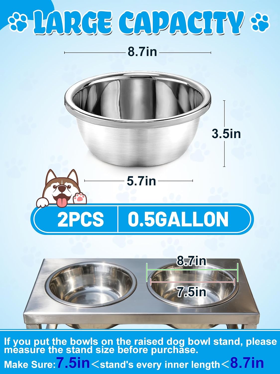 2Pcs 1.3 Gallons Food Grade Stainless Steel Large Dog Bowls – Essentials for Dogs - 0.5 Gallons - image 3