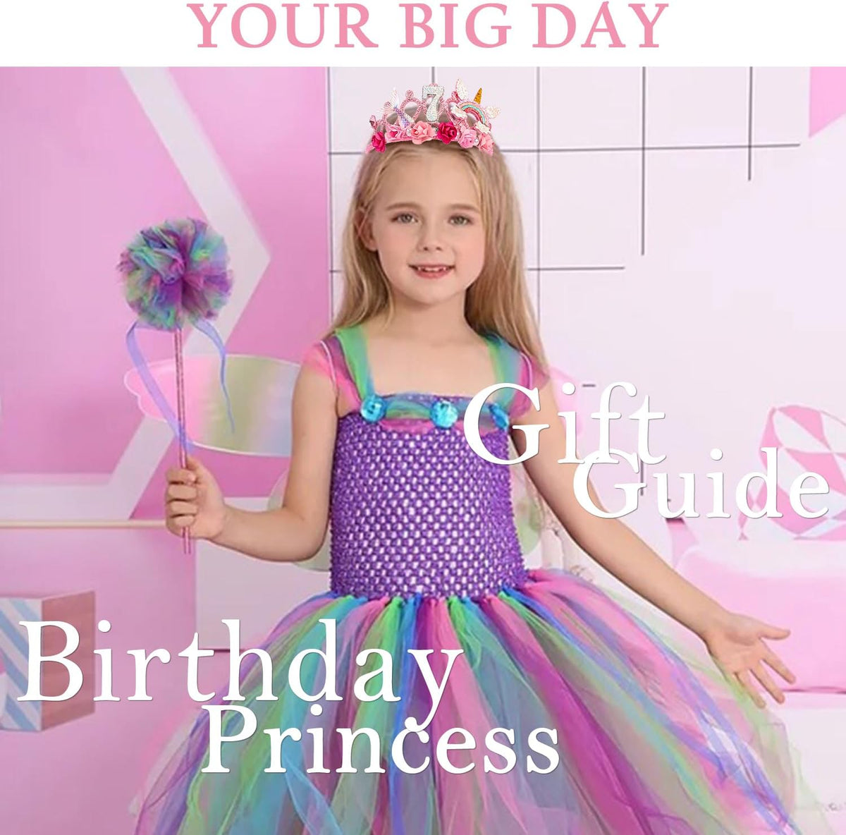 SuPoo 4th Birthday Headband Flower Crown for Girls Princess Tiara 4th - Pink-7th - image 3