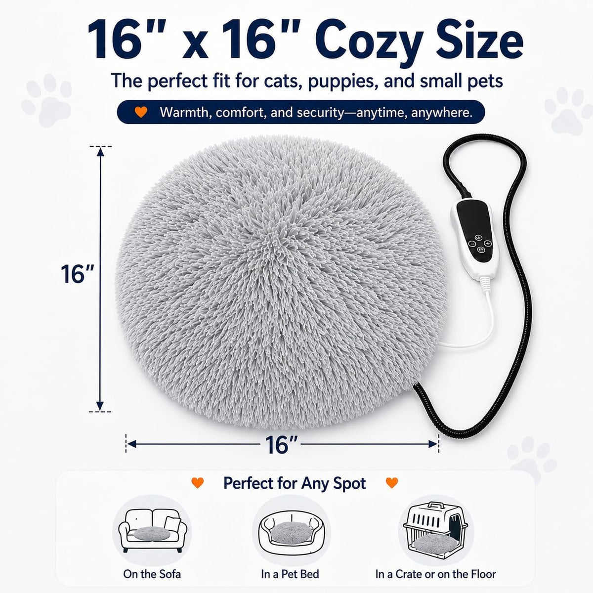 Pet Heating Pad for Cats with Normally Open Function - Grey Plush / 16.0"L x 16.0"W - image 2