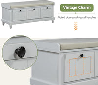 Classic Shoe Storage Bench with Cushion and Three Drawers, Fluted Entryway Bench with Storage for Entryway, Living Room, Hallways 44.0" L x 15.9" W x 18.9" H Gray Wash
