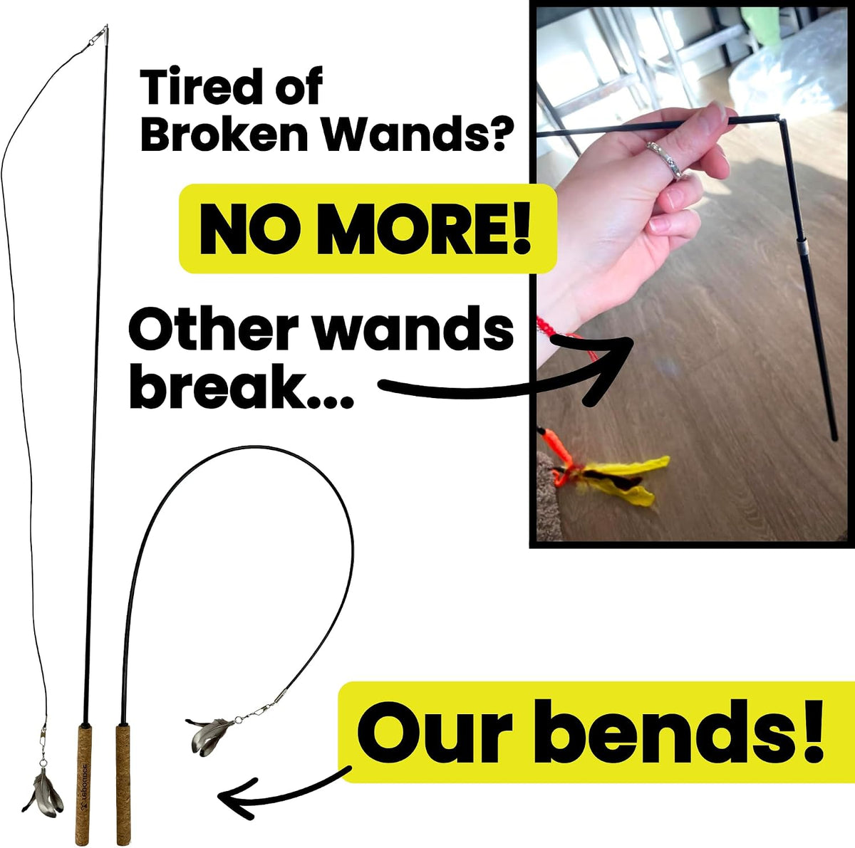 Forever Stick Unbreakable Cat Wand Toy, Durable Feather Teaser – Essentials for Cats - Forever Stick and Chew-proof String - image 3