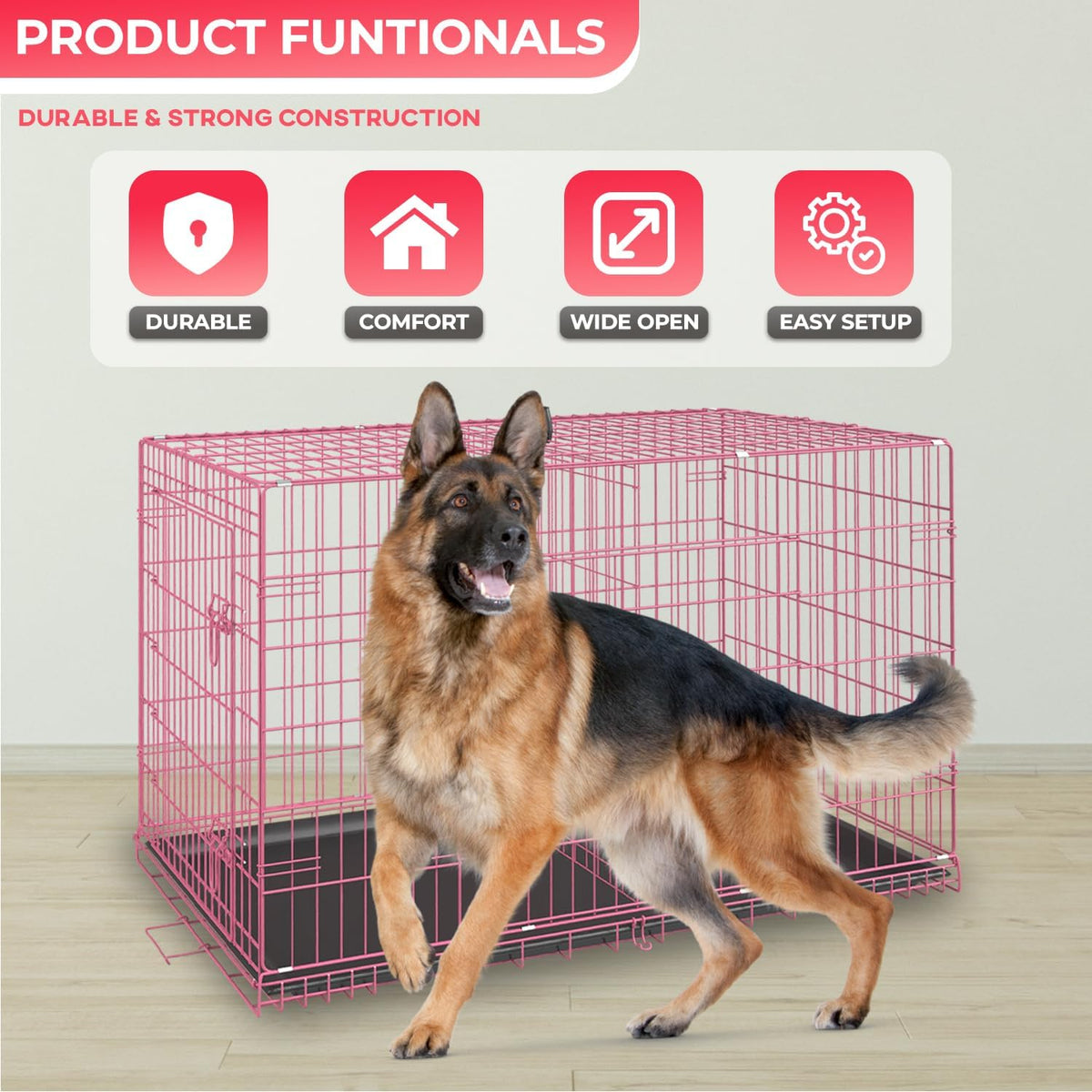 FDW, 48" Foldable Metal Dog Crate, Cage for XL Dogs - Pink / 42 Inch Double Door - image 2