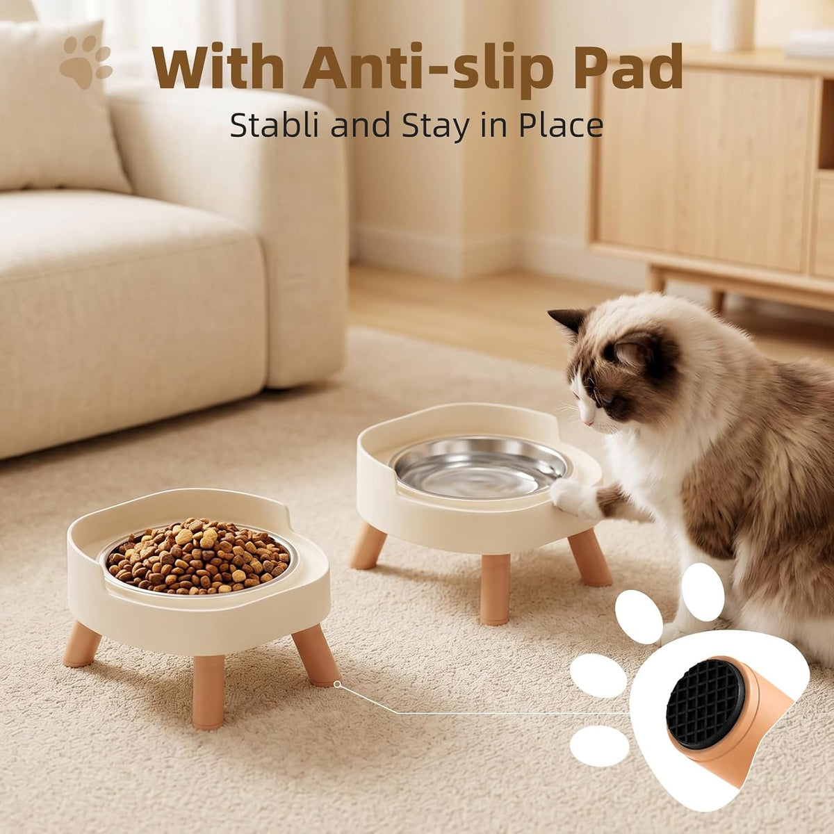 Elevated Cat Bowls, 2P Raised Cat Food and Water Bowl Set for Indoor Cats, Splash Proof with 2 - 2P Cat Bowls - White - image 4