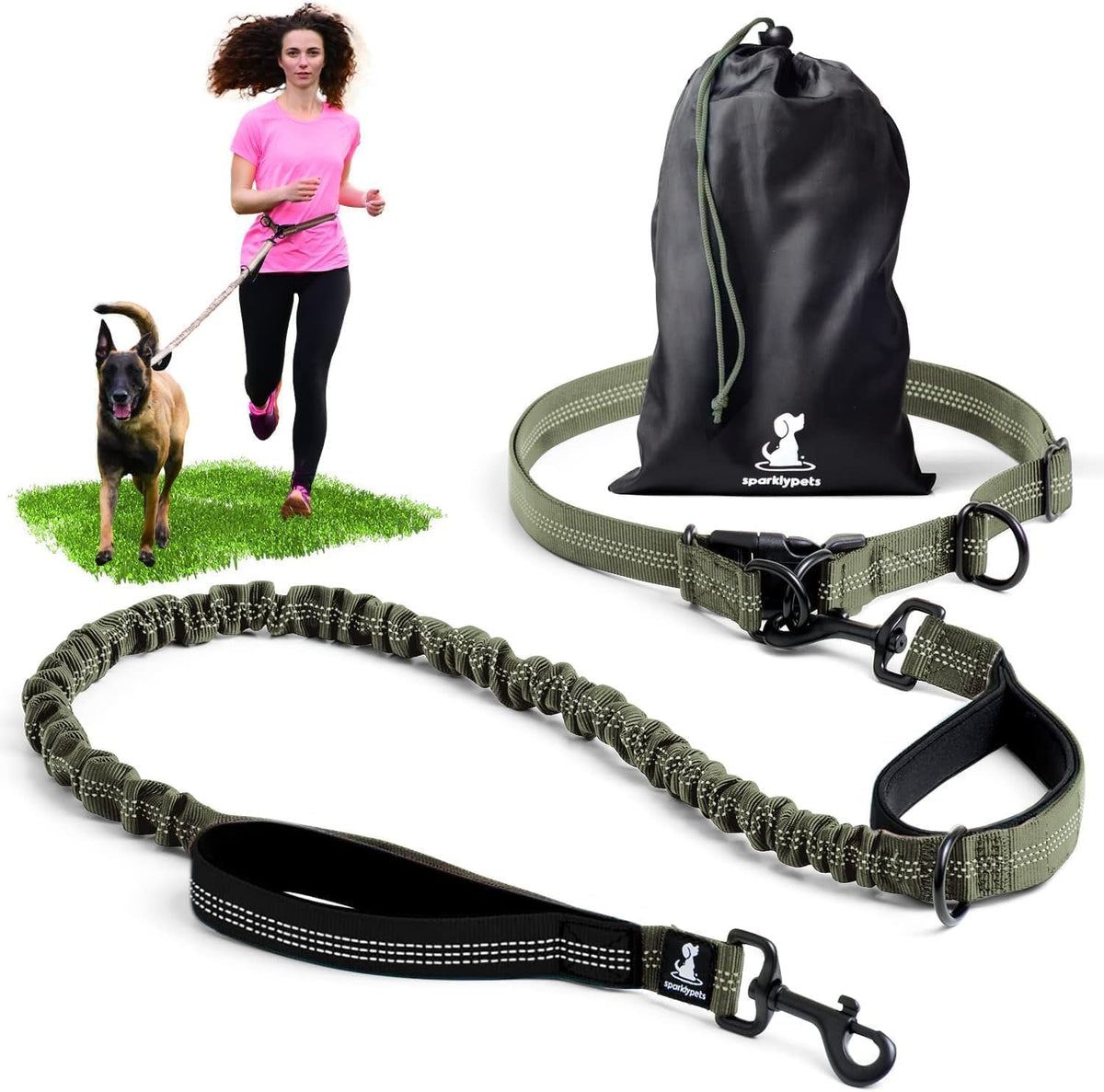 Active Pack Hands Free 2 Dogs Leash Medium & Large - Olive Green / 1 dog M/L