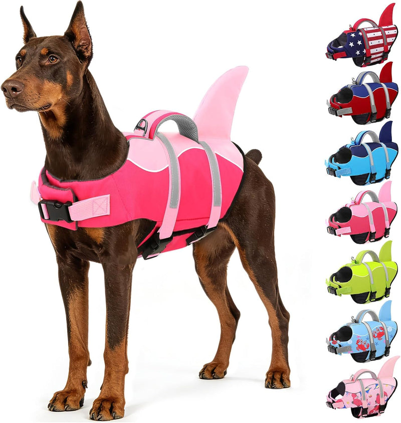Dog Life Jacket High Buoyancy Shark Dog Life Vest for Swimming - Dark Pink / Medium