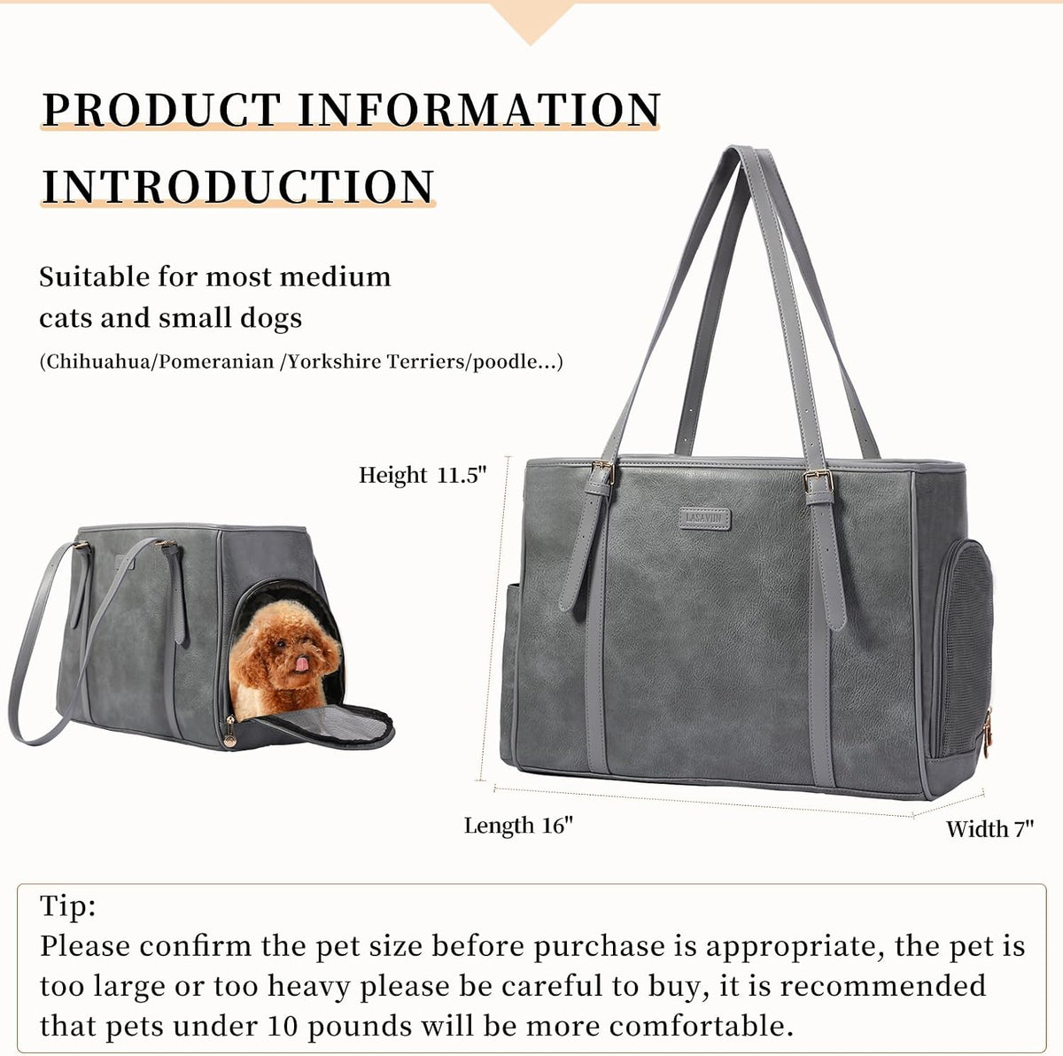 Fashion Dog Purse Pet Carrier Leather Bag for Small Dogs Cats Puppy - Grey - image 2