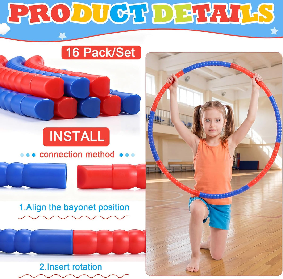 Vinsot plastic hoops for kids, 16 multicolor snap-together exercise hoops - view 5