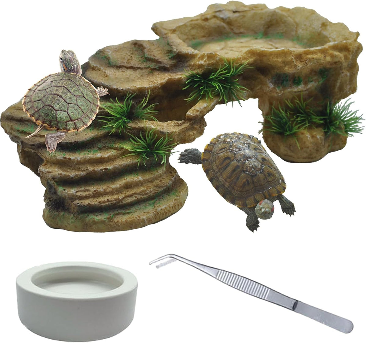 Turtle Basking Platform,Resin Bearded Dragon Basking Platform Reptile Habitat Cave Climbing Ramp - Rustic / Brown