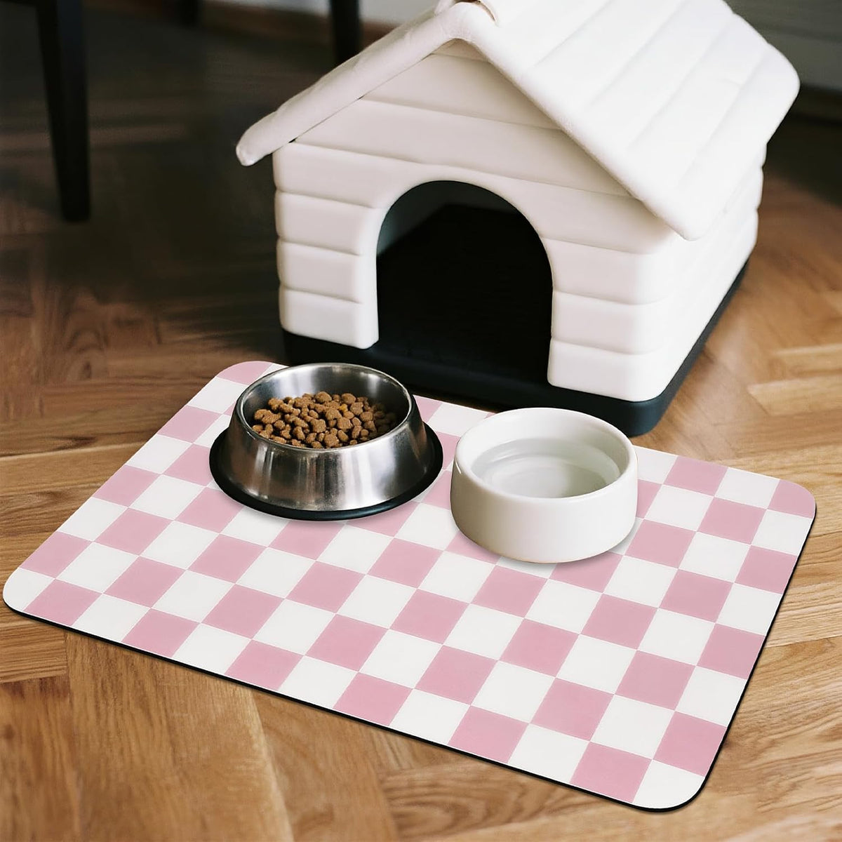 CooRug Checkered Dog Food Mat, Pet Feeding Mat 20" L x 12" W - Pink / 24"L x 16"W - image 3