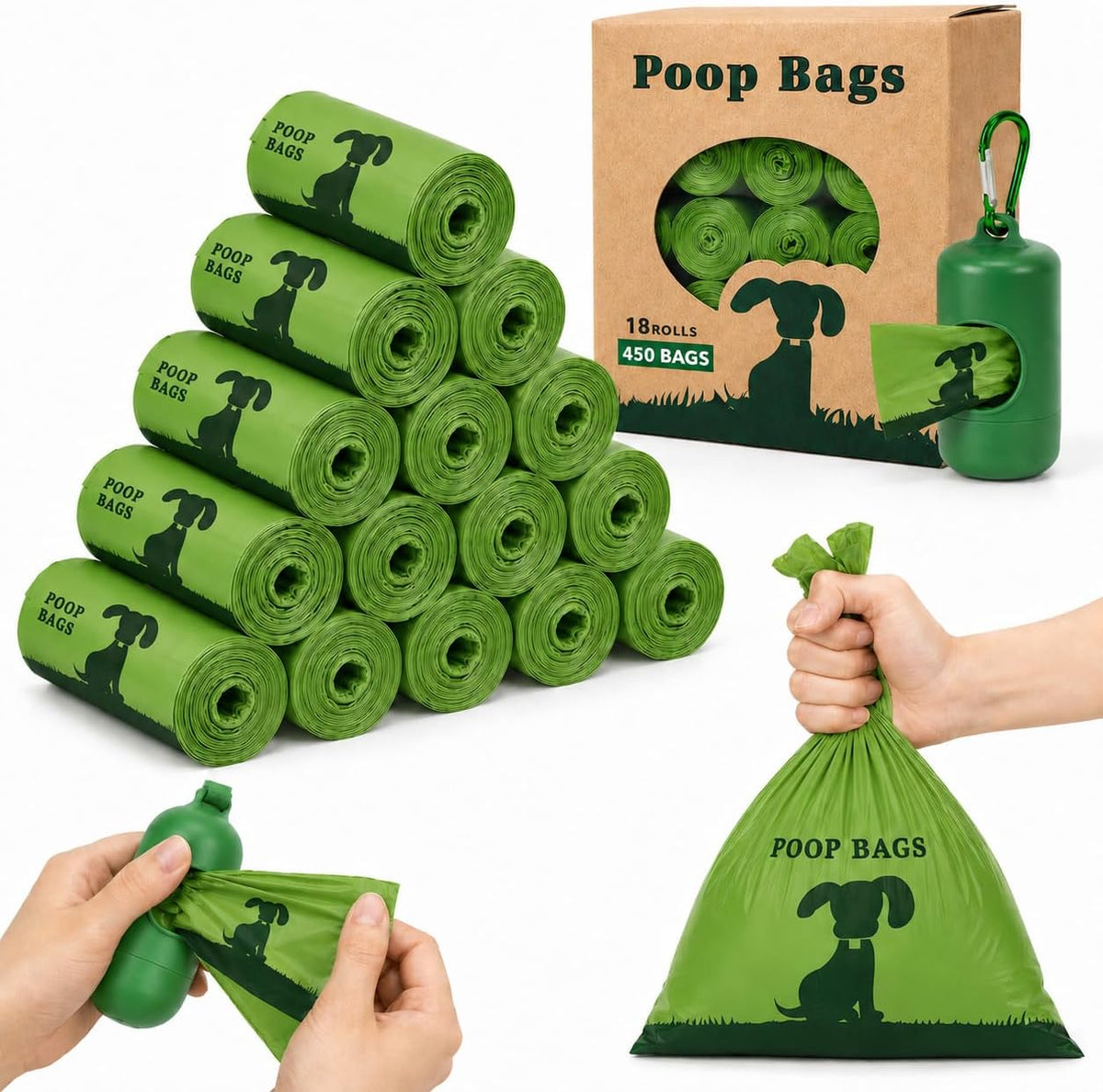 Dog Poop Bags Rolls with Dispenser, Keep Hands Clean 450 Count - 390- Green Scented