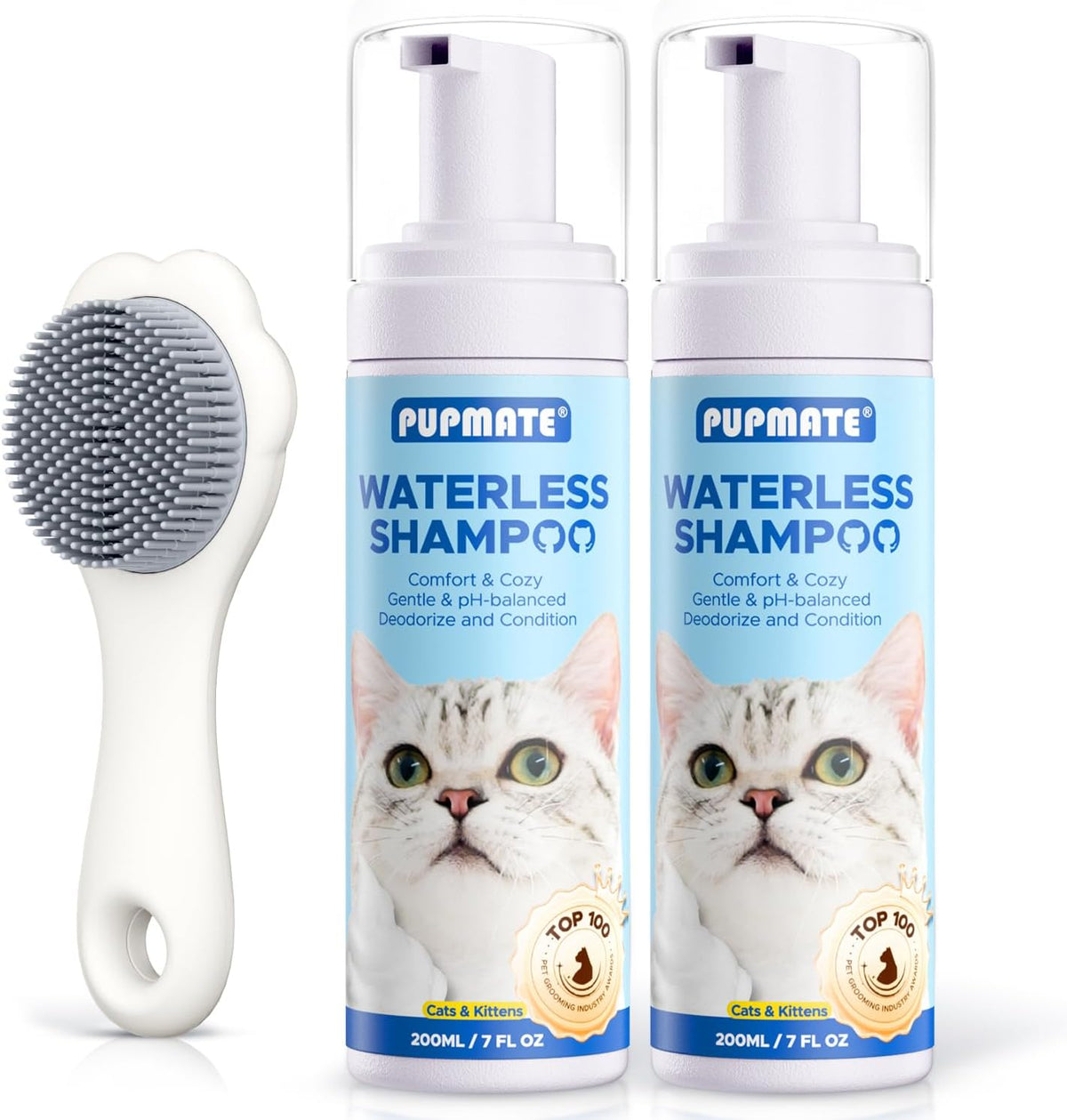 Cat Waterless Shampoo with Brush - 2 × 7 fl oz + 1 Brush