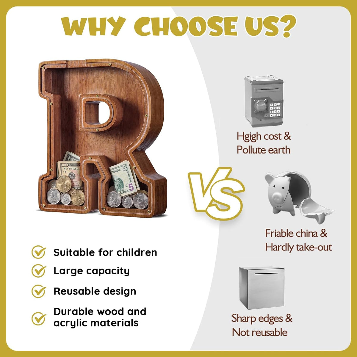 KMC wooden letter piggy bank, oak initial coin bank with clear plexiglass front - view 17