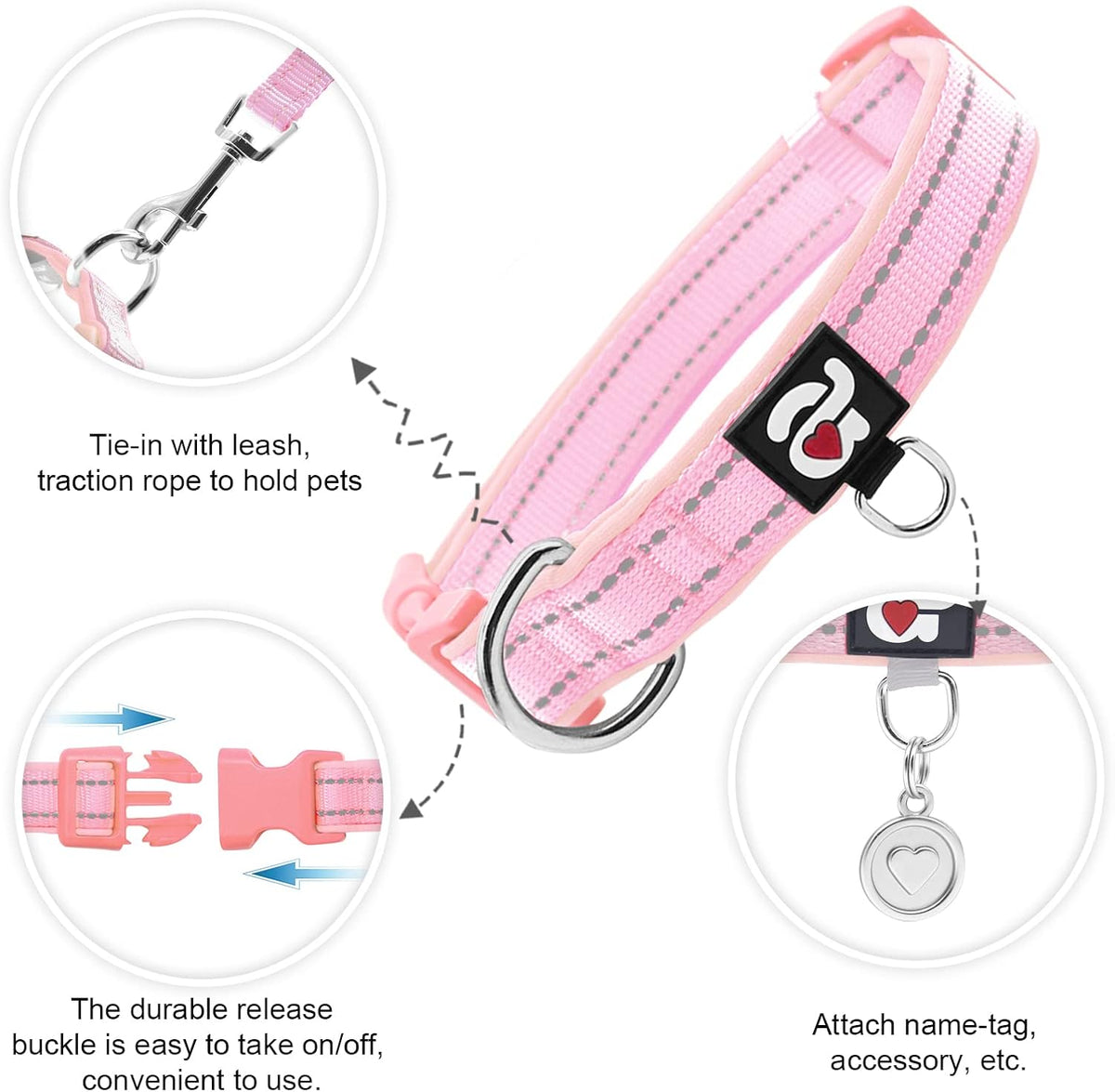 Reflective Dog Collar, Neoprene Padded Small Dog Collar, S - Medium (Pack of 1) / Pink - image 2
