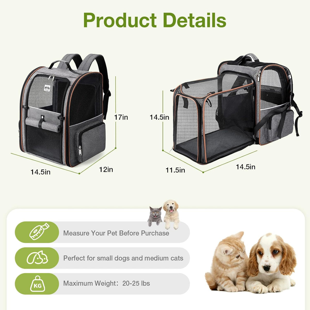 Cat Carrier Backpack, Expandable Pet Carrier with Sun Shade & Full Front Opening, Breathable Mesh - Grey / XL-Mesh Window - image 2