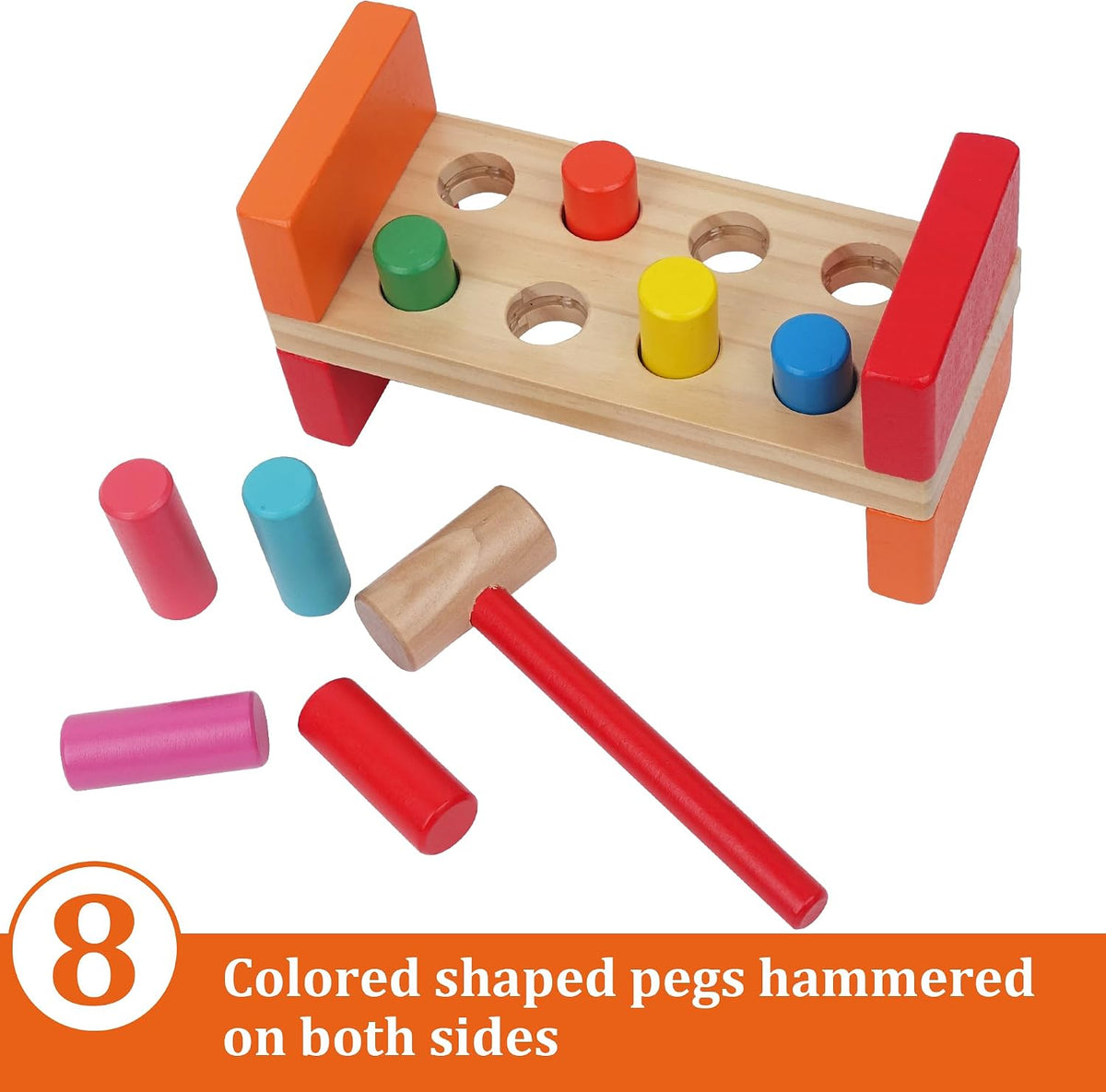 Hidoggy wooden pounding bench toy with 8 colorful pegs and mallet for toddlers - view 2
