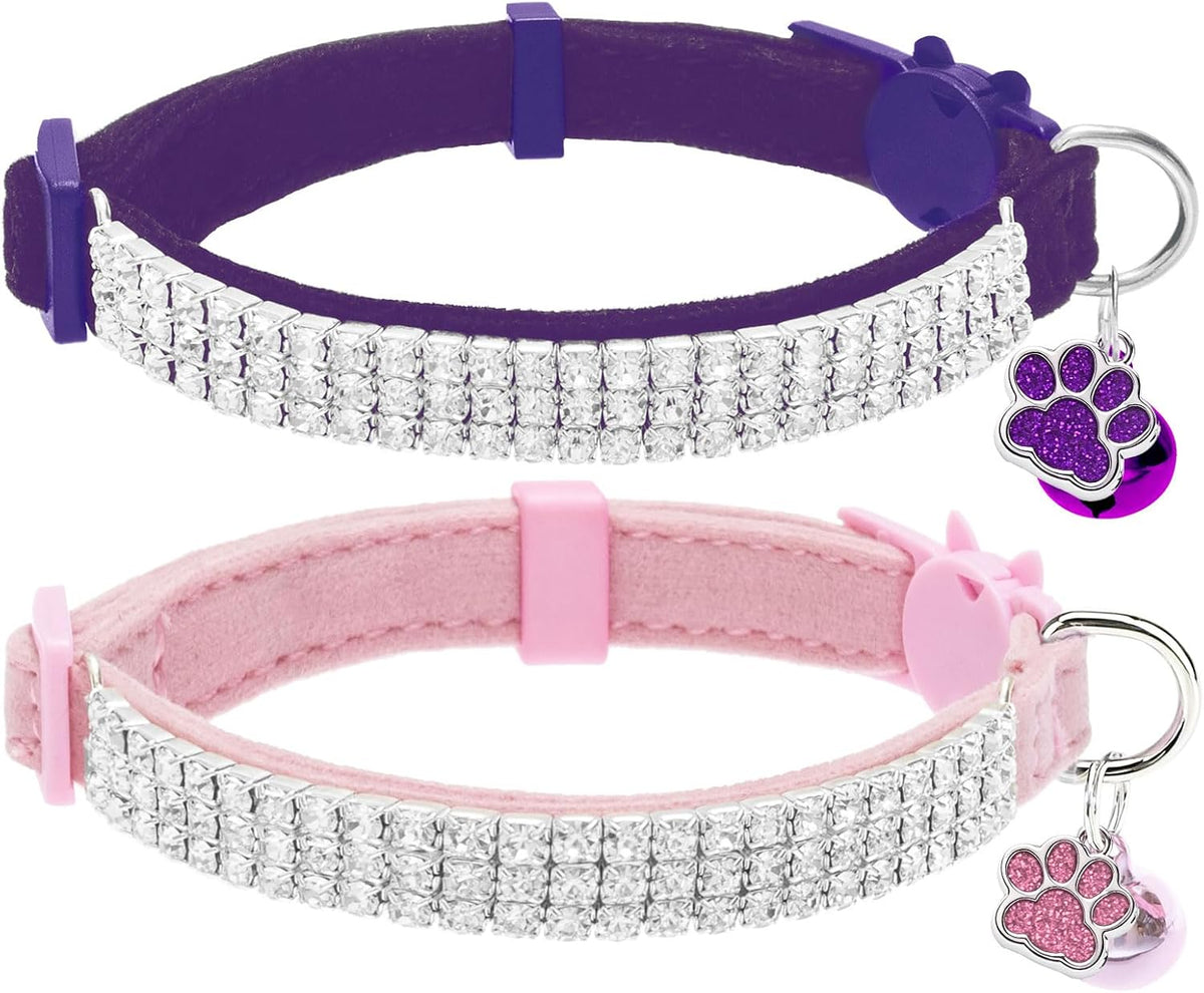 2 Pack Soft Velvet Safe Bling Diamond Cat Collars with Bells – Essentials for Cats - Pink + Purple / 9"-12" Cats / Mini Dogs