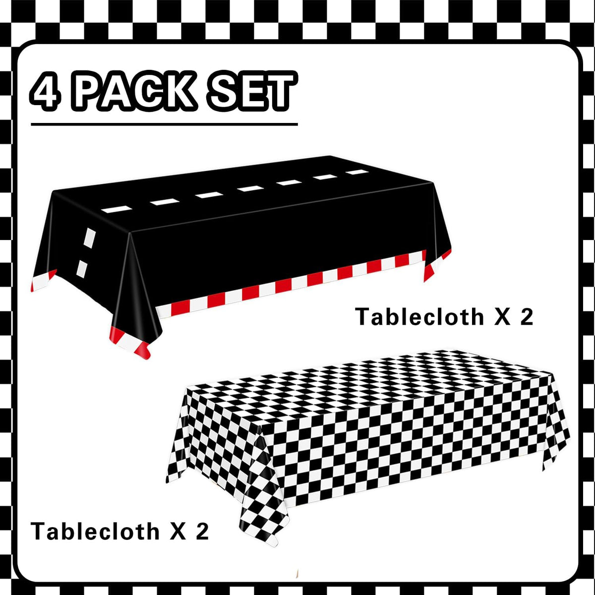 Oigco race car tablecloth with black and white checkered pattern on a rectangular party table - view 8