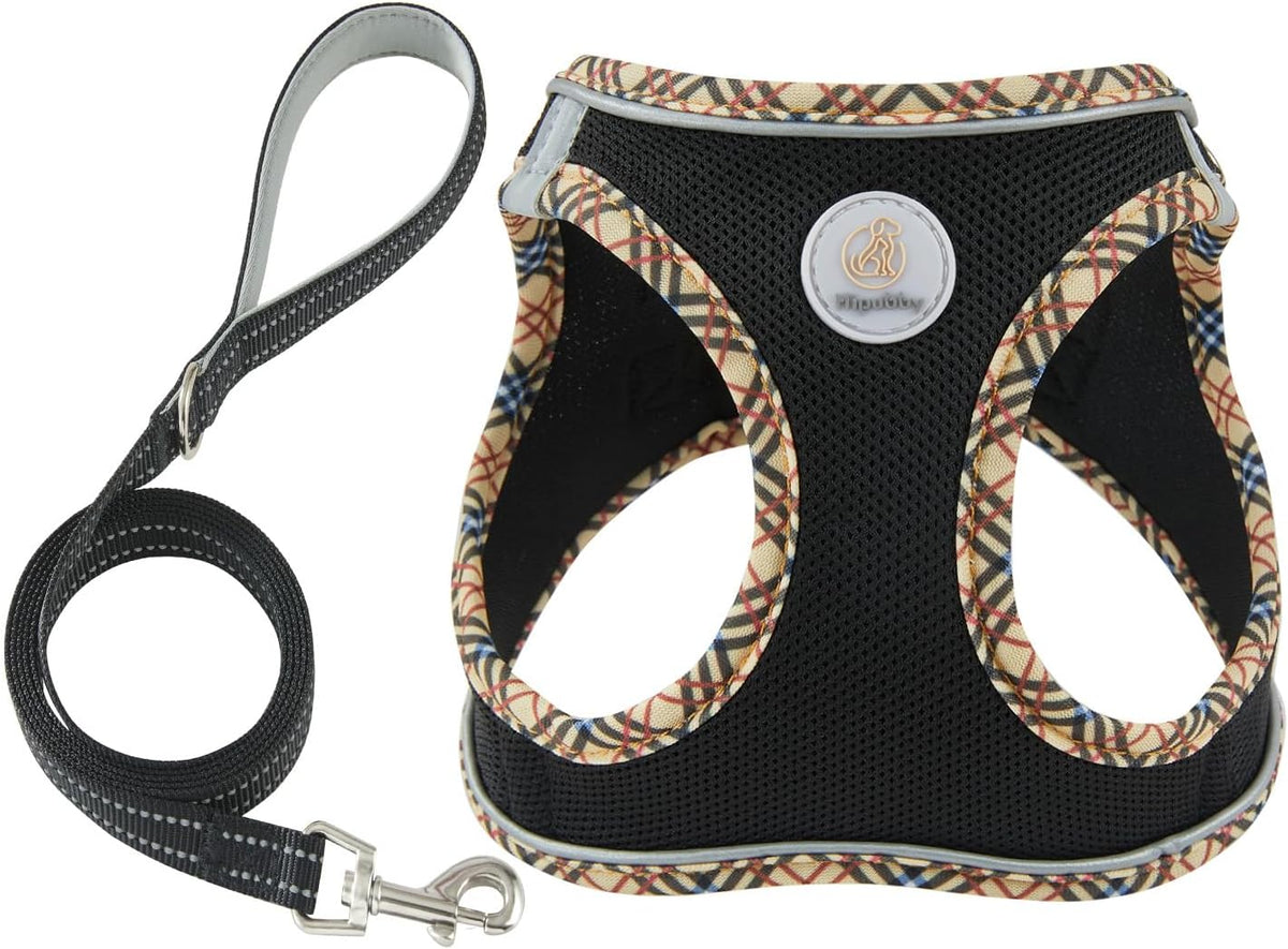 Hipubby Dog Harness Small Sized and Leash Set - Black/Khaki Trim / XXS (Chest: 11"-12.5")