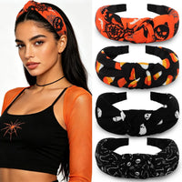 YISSION 4Pcs Wide Halloween Knotted Headbands Pumpkin Ghost Skull - Halloween Style Pattern