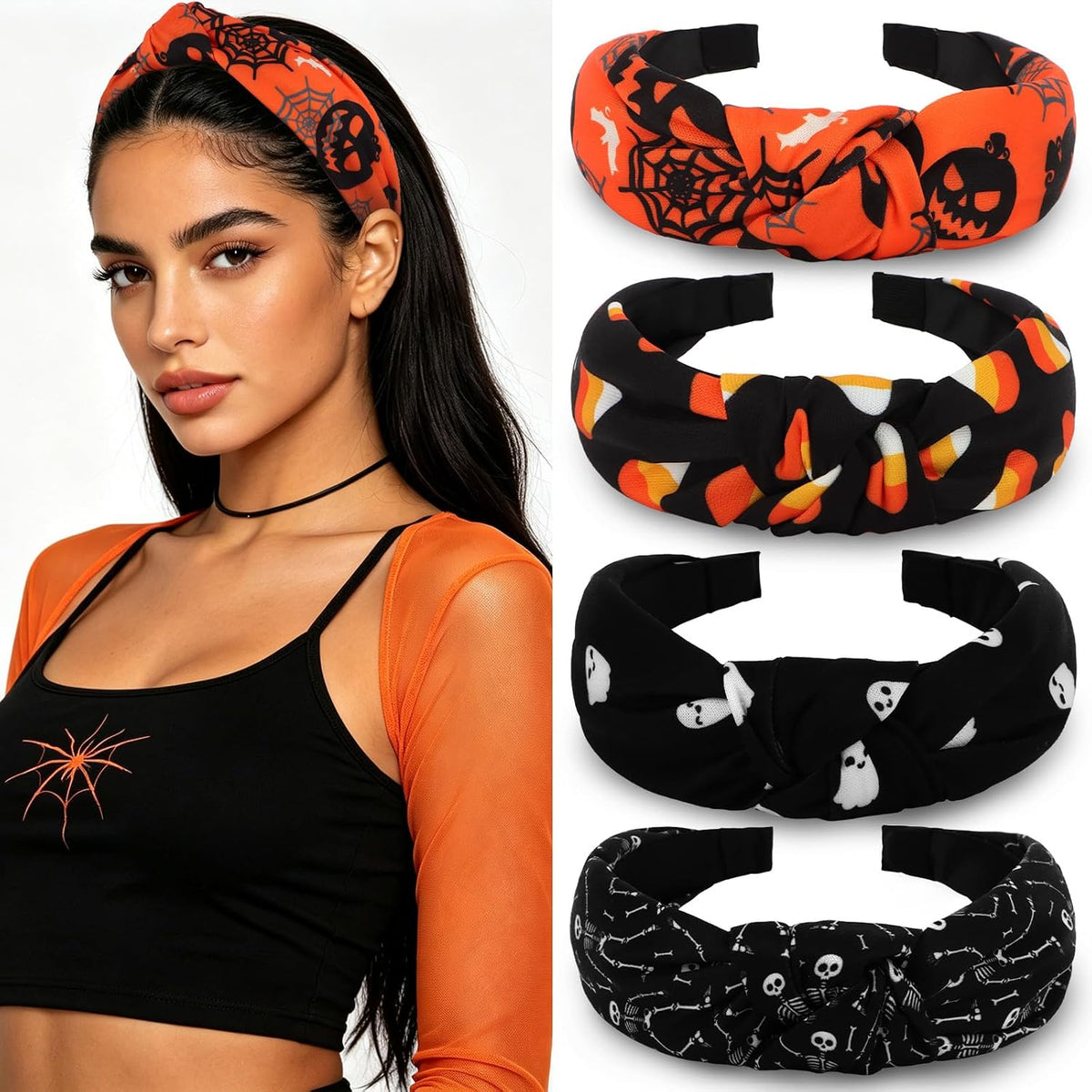 YISSION 4Pcs Wide Halloween Knotted Headbands Pumpkin Ghost Skull - Halloween Style Pattern