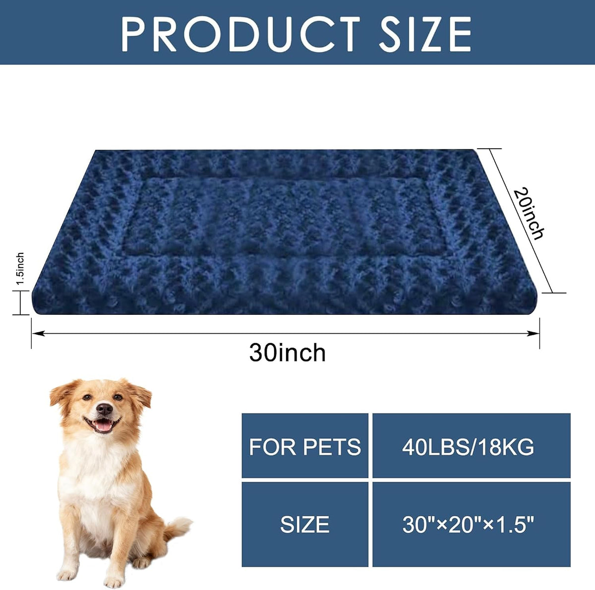 Dog Bed Mat,Reversible & Ultra Soft Kennel Pad-Machine Washable Pet Bed for Dogs & Cats-All-Weather - 30.0" L x 20.0" W x 1.5" Th / Navy Blue - image 3