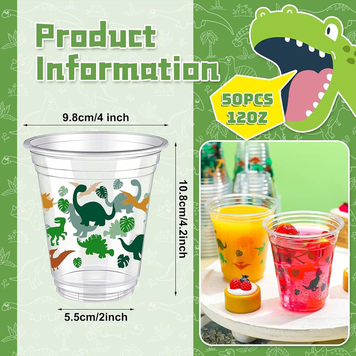 50 Pcs 12 oz Dinosaur Cups Dinosaur Birthday Decorations – Fun for Kids & Family - Green / Dinosaur - image 4