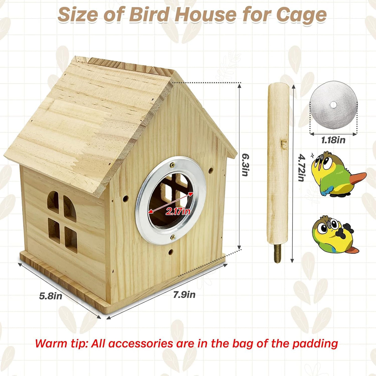 PINVNBY Parakeet Nesting Box Bird House for Cage Wood Mating Box Bird - Wood House Shape,M: 7.91*6.3*5.82 inch - image 2