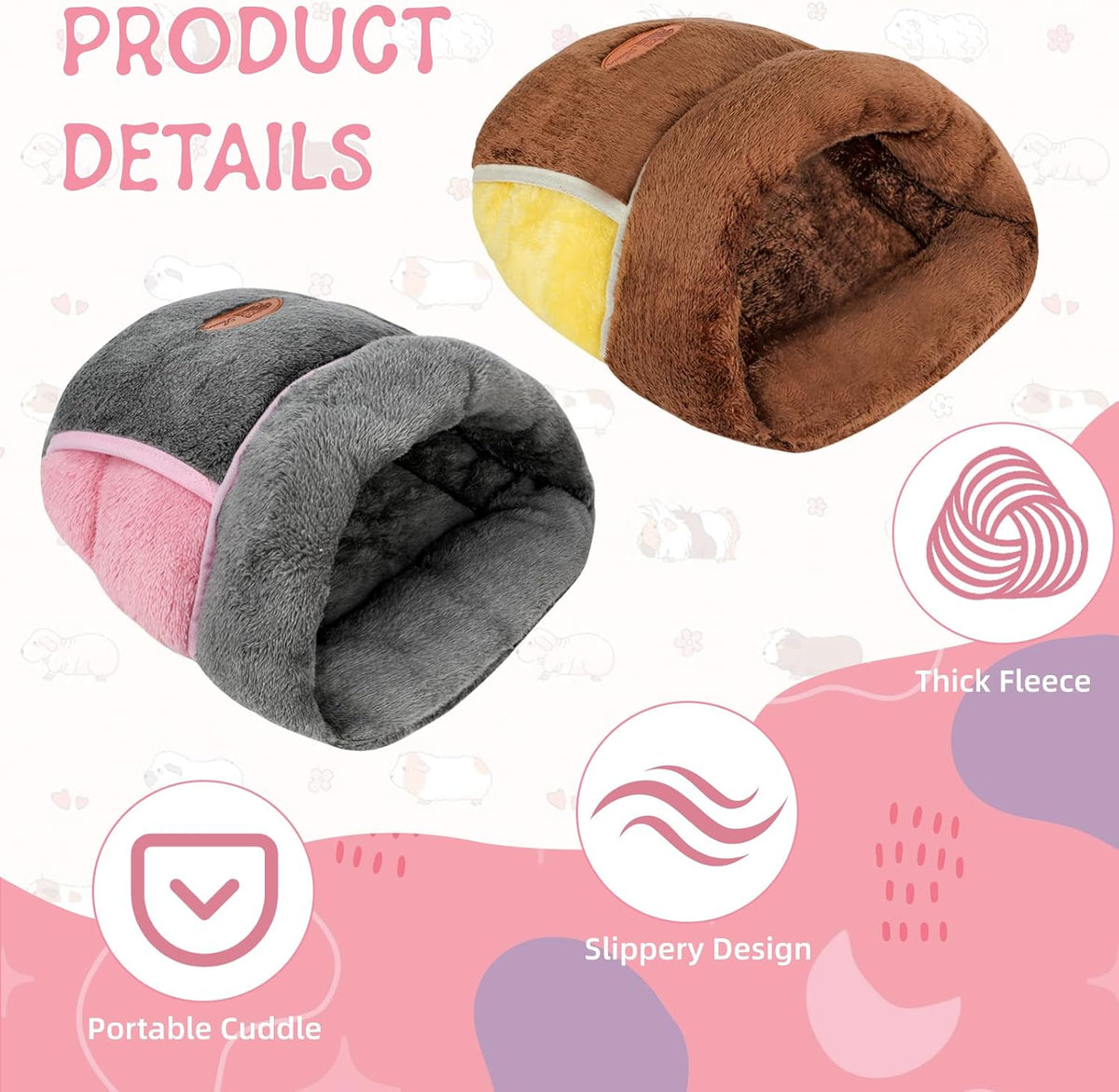 YUEPET Guinea Pig Bed Cuddle Cave, Warm Fleece Hideout - 2PCS(Grey+Brown) / 2PCS - image 4