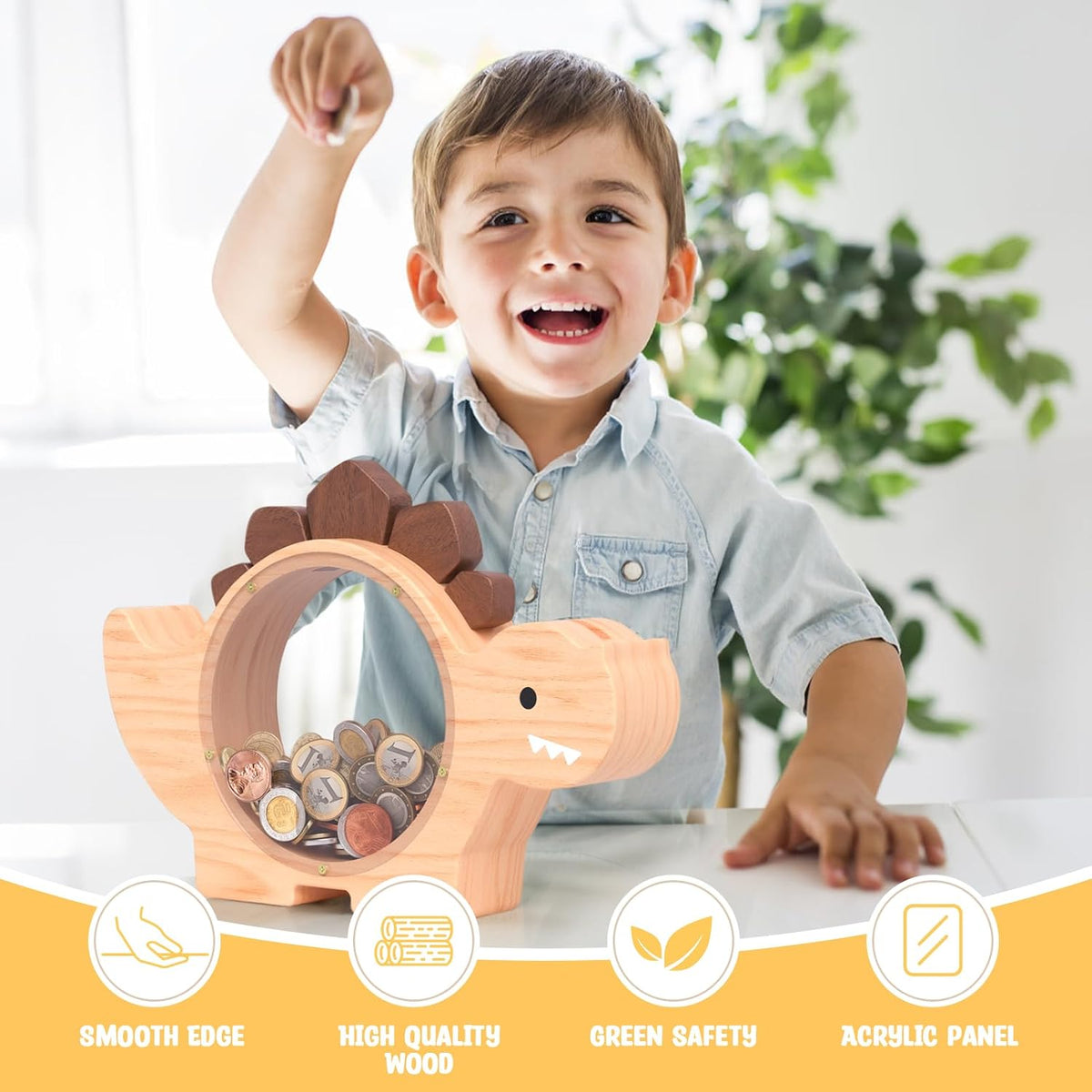 Summidate Wooden Dinosaur Piggy Bank - Natrul Wood / Standard - image 3