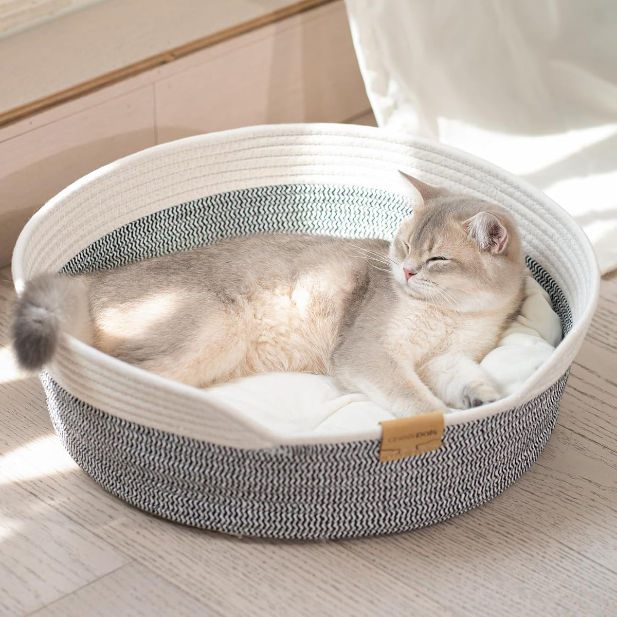 Handwoven Cat Basket Bed Cooling for Indoor Cat with Cushion – Essentials for Cats - Grey