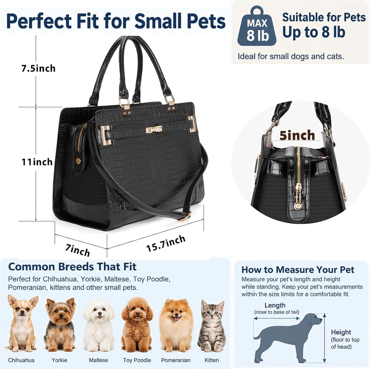Fashion Pet Carrier Dog Cat Carrier Purse Soft-Sided Leather Handbag - Black 3 - image 2