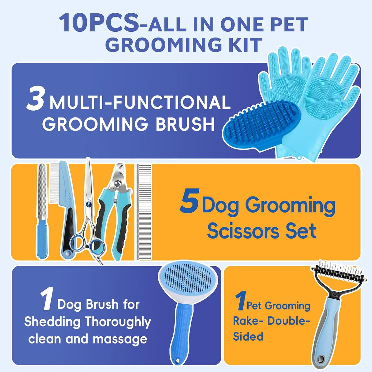 Dog Brush for Shedding 13pcs Bath Grooming Kit with Pet Nail Clipper - Blue 10pcs - image 2