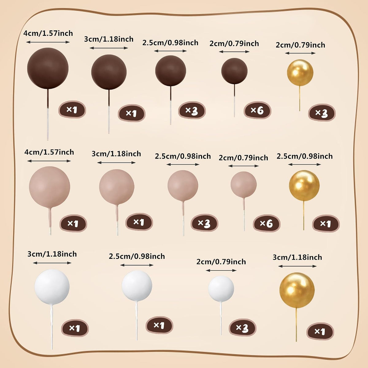 32 PCS Colorful Ball Shaped Cake Topper Pearl Balls Cupcake Cake - Dark Brown Light Brown White Gold - image 2