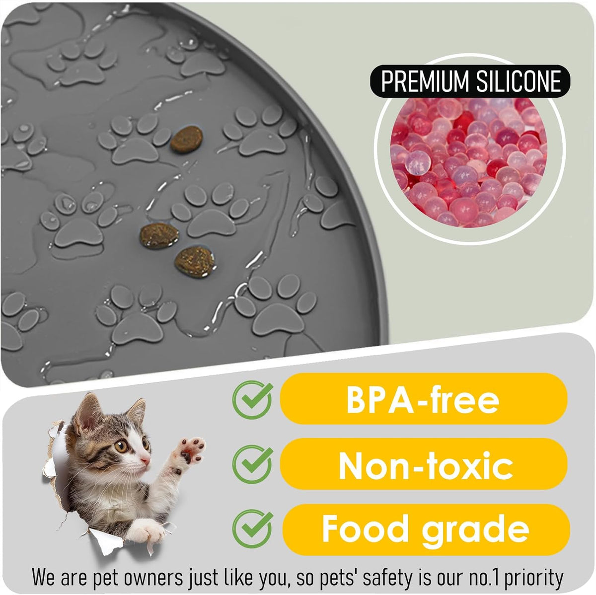 Pet Feeding Mat, Waterproof Anti-Slip Placemats for Dog Cat Bowl Silicone Pet Food Mat, Raised Edge - 1 Grey / 10.9"L x 10.9"W - image 3