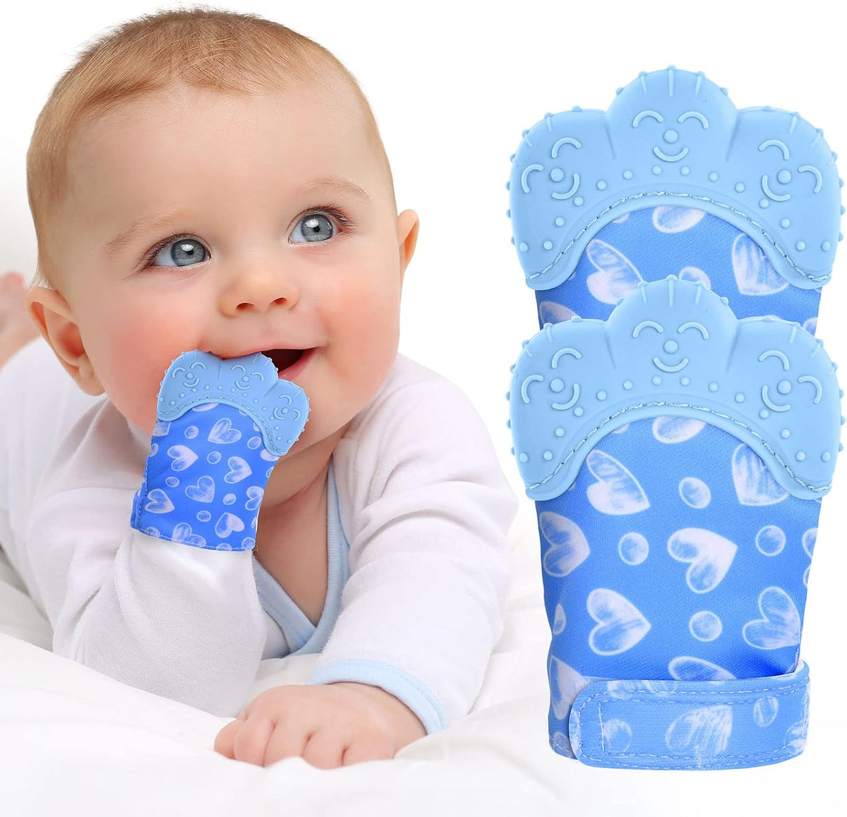 2Pack Silicone Teething Mitt - blue heart