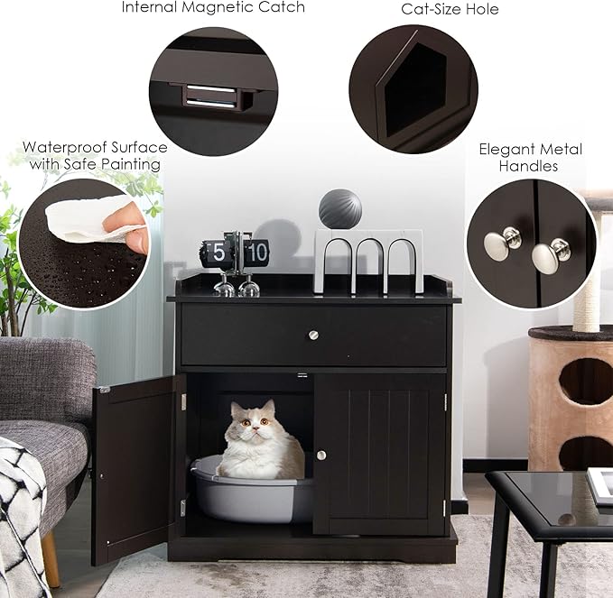 PETSITE Cat Litter Box Enclosure, Large Cat Washroom End Table with Drawer & 2 Doors, Wooden Cat House Storage Cabinet, Hidden Litter Box Furniture, Brown
