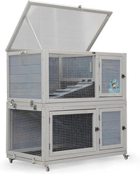 Weatherproof Wooden Rabbit Hutch for Indoor Outdoor Use, 2 Story Bunny Cage House with Wheels, Small Animal Shelter with Pull Out Tray, Non-Slip Ramp, Chicken Coop, Pet House Guinea Pigs Quail